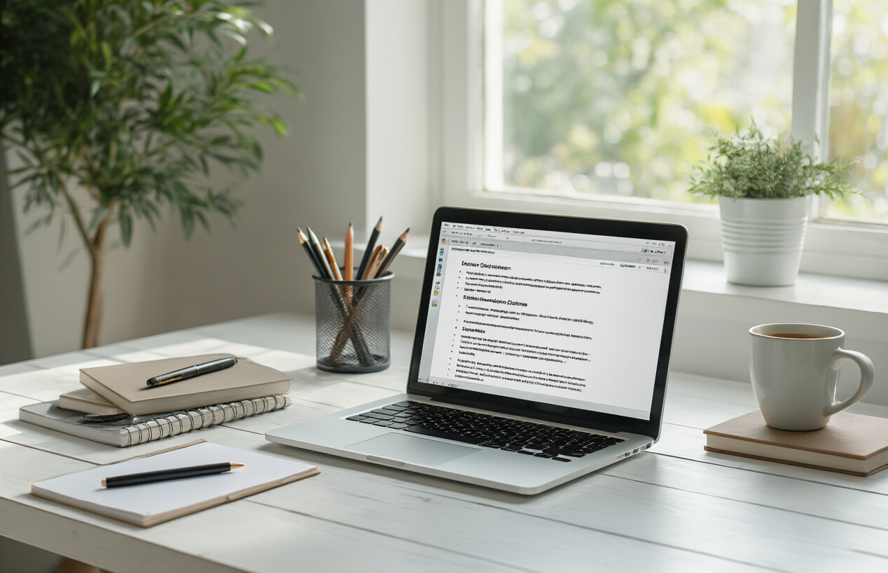 Create a realistic image of a clean, organized workspace featuring an open laptop computer displaying a well-structured document with multiple heading levels, surrounded by neatly arranged office supplies including notebooks, pens, and a coffee cup on a white wooden desk, with soft natural lighting from a nearby window creating a productive and organized atmosphere, conveying the sense of accomplished and systematic writing work, absolutely NO text should be in the scene.