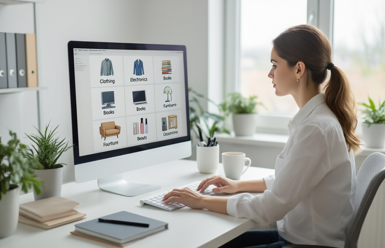 Create a realistic image of a clean, organized workspace featuring a computer screen displaying various product category icons (clothing, electronics, books, furniture, beauty products) arranged in a grid layout, with a professional white female marketing specialist working at the desk, modern office environment with soft natural lighting from a window, minimalist desk setup with notebooks and a coffee cup, focus on digital marketing and e-commerce optimization atmosphere, absolutely NO text should be in the scene.