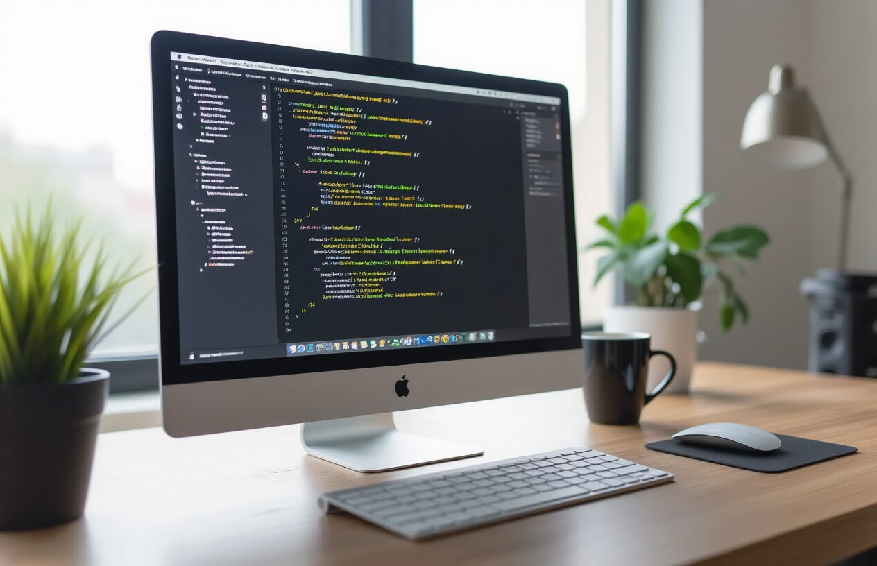 Create a realistic image of a close-up view of a computer monitor displaying website development code with HTML tags and technical SEO elements, surrounded by a clean modern office desk setup with a wireless keyboard, mouse, and coffee cup, with soft natural lighting from a window creating a professional web development atmosphere, focusing on the screen showing code snippets related to canonical tags and URL structures, absolutely NO text should be in the scene.