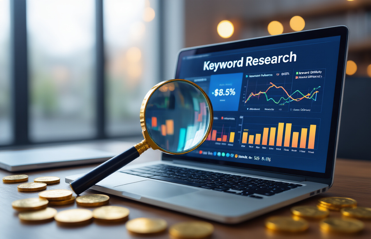 Create a realistic image of a close-up view of a computer screen displaying keyword research analytics with colorful graphs, charts showing search volumes and keyword difficulty scores, a magnifying glass positioned over highlighted high-value keywords, golden coins scattered around the workspace representing valuable opportunities, a sleek modern desk setup with a laptop, the screen glowing with warm blue light against a dark professional office background, creating a focused and analytical mood that suggests profitable keyword discovery, absolutely NO text should be in the scene.