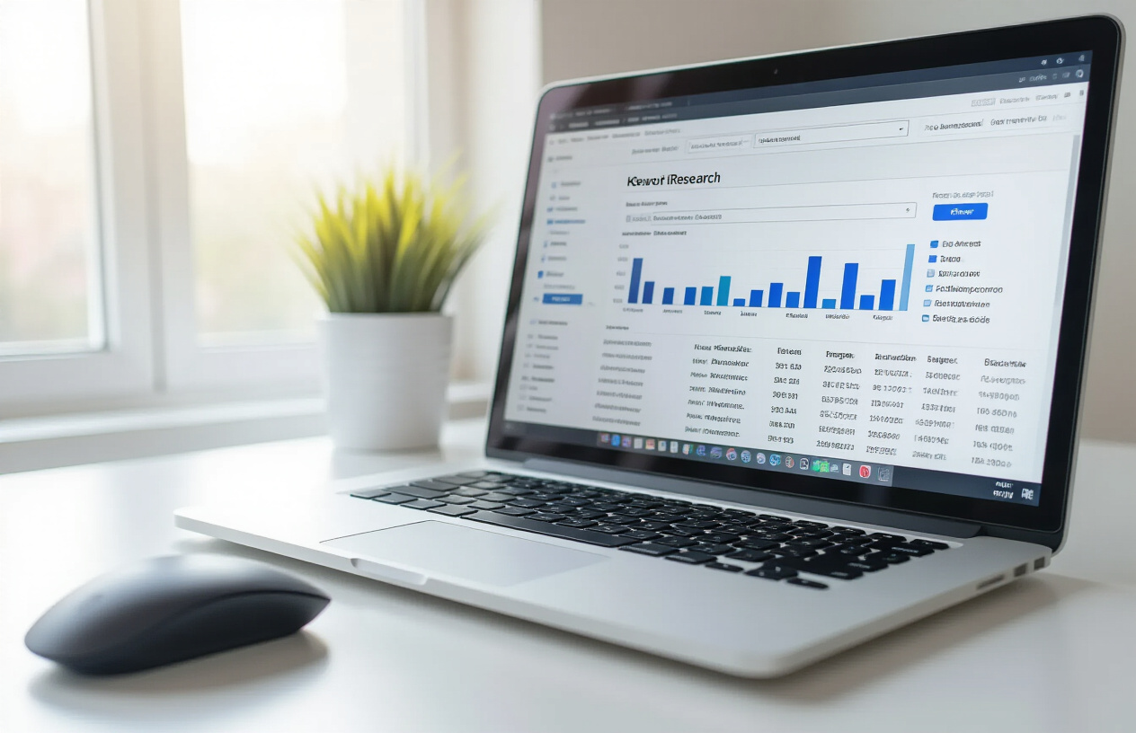Create a realistic image of a close-up view of a computer screen displaying a keyword research interface with multiple filter options and dropdown menus visible, showing columns of search data with highlighted high-value keywords, a wireless mouse positioned next to a modern laptop on a clean white desk, soft natural lighting from a window creating gentle shadows, professional workspace environment with minimal clutter, focus on the filtering tools and data visualization elements that represent strategic keyword selection process, absolutely NO text should be in the scene.