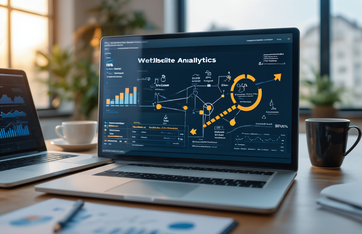Create a realistic image of a close-up view of a computer screen displaying website analytics dashboard with broken link icons, redirect arrows, and technical SEO metrics, surrounded by a modern office desk with a laptop, notepad with diagrams showing link connection patterns, and a coffee cup, all illuminated by soft natural lighting from a window, creating a professional and focused atmosphere for technical SEO work, absolutely NO text should be in the scene.