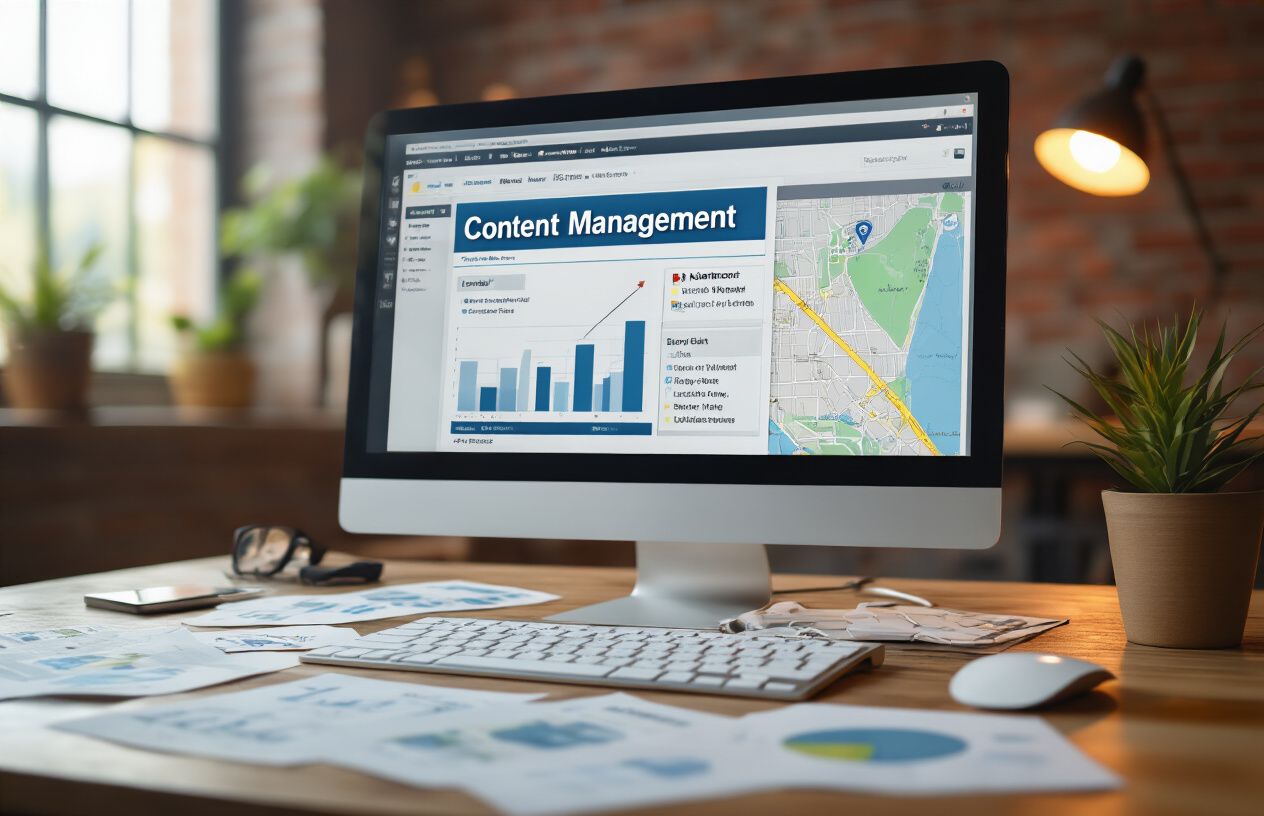 Create a realistic image of a close-up view of a computer screen displaying a content management interface with highlighted keyword placement sections, surrounded by scattered papers with location-based business names and local area maps, a wireless keyboard and mouse nearby, warm office lighting creating a focused work environment, showing the strategic planning process for local SEO content optimization, absolutely NO text should be in the scene.