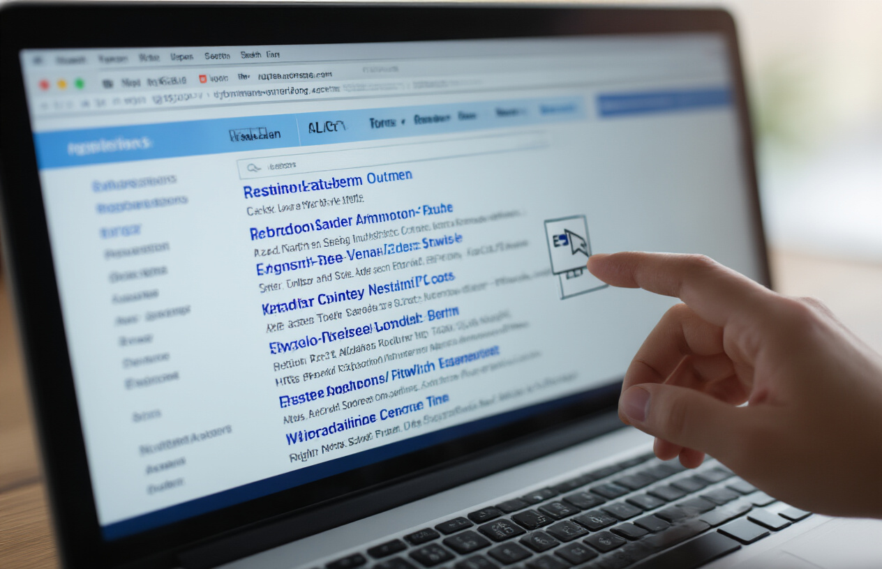 Create a realistic image of a close-up view of a computer screen displaying a search engine results page with multiple search listings visible, showing meta descriptions underneath blue clickable titles, with a cursor hovering over one of the results suggesting user interaction, professional office lighting, clean modern workspace background with a keyboard partially visible at the bottom of the frame, the scene should convey digital marketing optimization and user engagement, absolutely NO text should be in the scene.