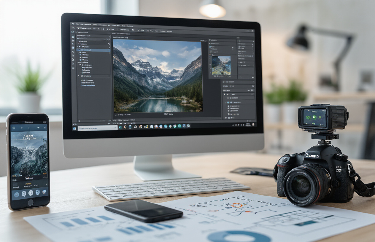 Create a realistic image of a close-up view of a computer monitor displaying photo editing software interface with EXIF metadata panel open showing GPS coordinates and location data fields, a smartphone lying beside the keyboard with its camera app open and location services icon visible, a professional DSLR camera with GPS module attached positioned on the desk, and various technical diagrams or flowcharts about geotagging processes scattered on the workspace, all set in a modern office environment with clean lighting and technical atmosphere, absolutely NO text should be in the scene.