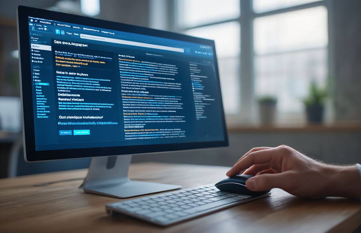 Create a realistic image of a close-up view of a computer screen displaying a search engine results page with multiple website listings, a white male's hand holding a computer mouse hovering over clickable search results, the screen glowing with blue hyperlinks and snippets of web page descriptions, modern office environment in the background with soft natural lighting from a window, professional workspace atmosphere suggesting digital marketing activity, absolutely NO text should be in the scene.