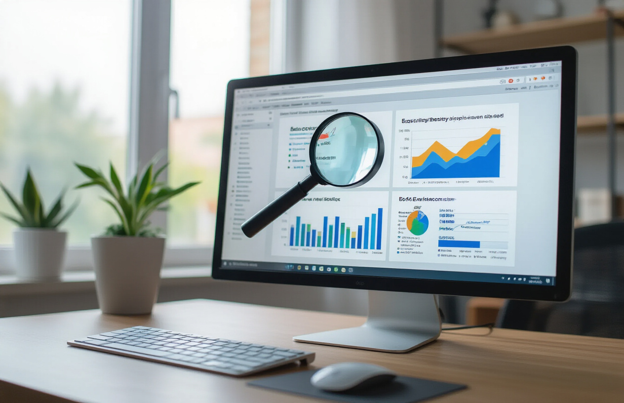 Create a realistic image of a close-up view of a computer monitor displaying a web browser with a magnifying glass hovering over error diagnostic tools and analytics dashboard showing website crawl data, with colorful charts and graphs indicating broken links and 404 error patterns, set in a modern office environment with soft natural lighting from a window, clean desk setup with a keyboard and mouse visible, professional atmosphere suggesting technical problem-solving and web development work, absolutely NO text should be in the scene.