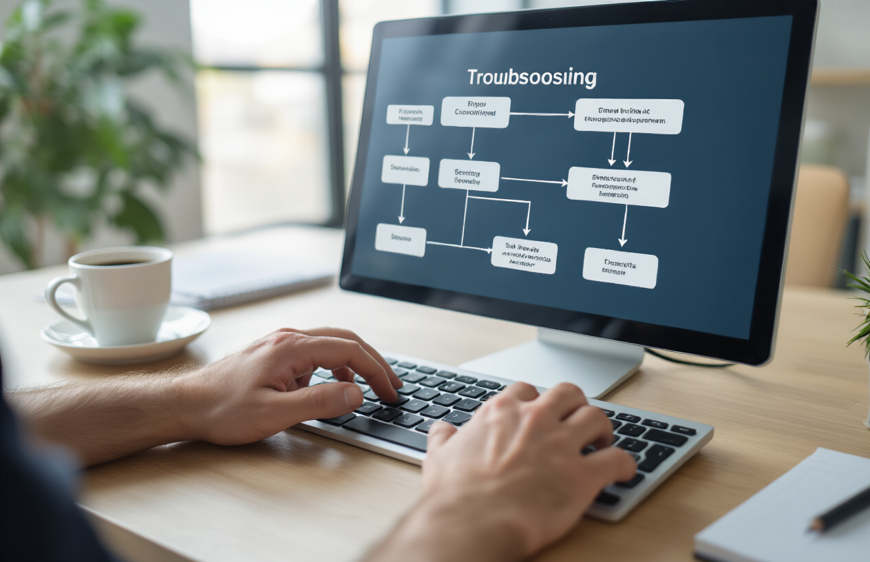 Create a realistic image of a close-up view of a computer screen displaying a flowchart or step-by-step diagram with interconnected boxes and arrows showing a troubleshooting process, with a white male's hands typing on a keyboard in the foreground, set against a clean modern office desk with a coffee cup and notepad visible, bright natural lighting from a window, professional workspace atmosphere, absolutely NO text should be in the scene.