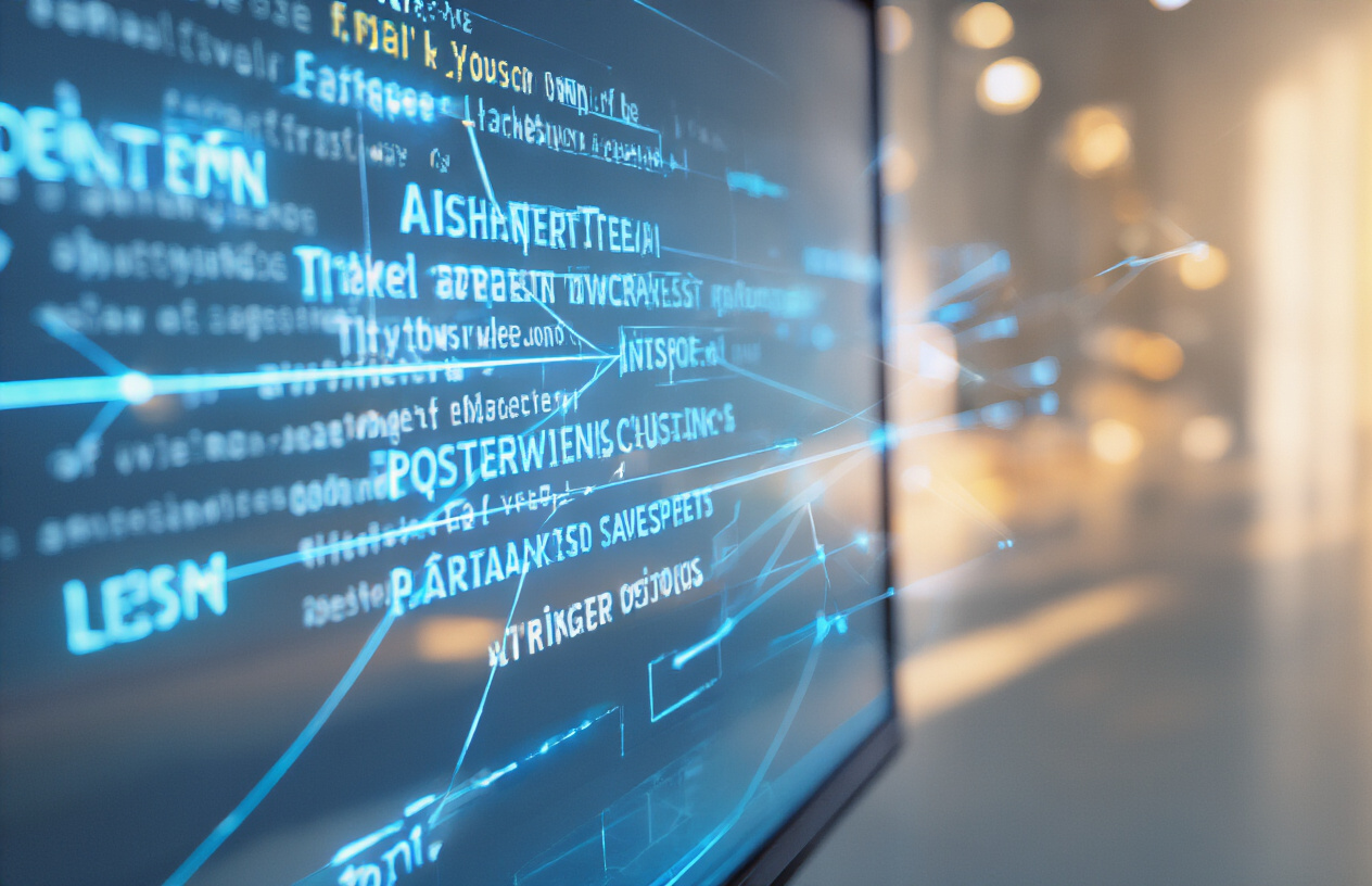 Create a realistic image of a close-up view of a computer screen displaying a website with highlighted hyperlinked text in blue, showing various anchor text phrases connected by subtle glowing lines or arrows that illustrate internal linking pathways, with a clean modern web browser interface, soft blue and white color scheme, professional lighting, and a minimalist background suggesting digital optimization and SEO strategy, absolutely NO text should be in the scene.