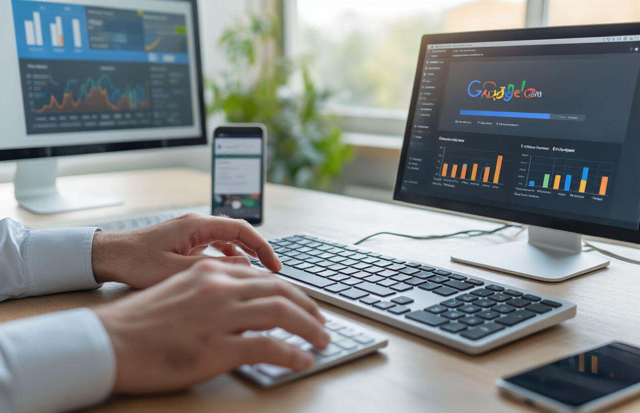 Create a realistic image of a close-up view of a computer screen displaying Google Search Console dashboard with indexing status charts and graphs, a white male professional's hands typing on a modern keyboard in the foreground, clean modern office desk setup with a smartphone showing search results nearby, bright natural lighting from a window, focused and analytical mood, professional workspace background with minimal clutter, absolutely NO text should be in the scene.