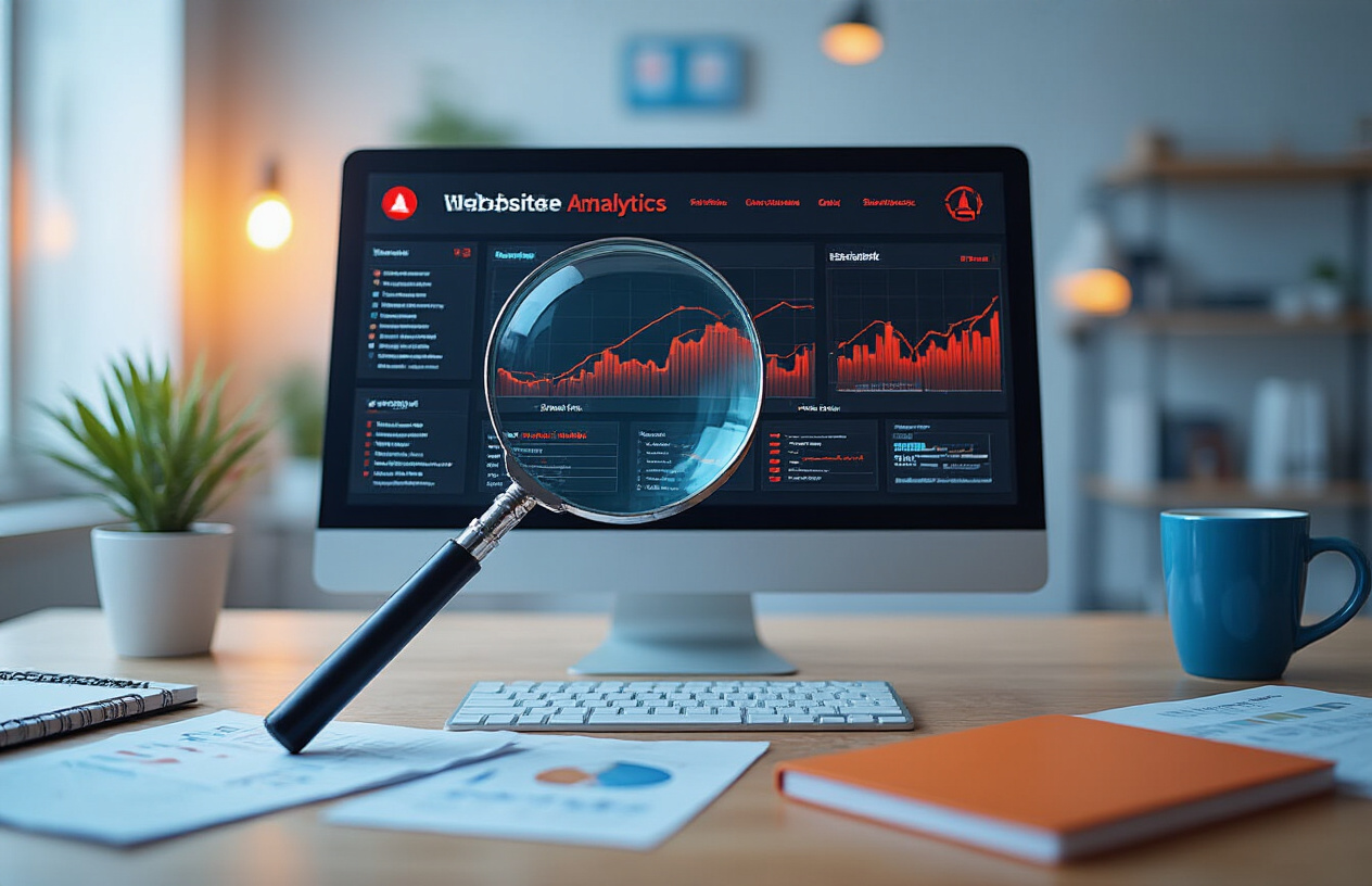 Create a realistic image of a close-up view of a computer screen displaying website analytics dashboard with red warning indicators and error messages, a magnifying glass positioned over problematic data points, diagnostic tools and charts showing website crawling issues, scattered technical documents and notebooks around the workspace, modern office desk setup with soft ambient lighting, professional troubleshooting atmosphere with blue and orange color scheme, absolutely NO text should be in the scene.