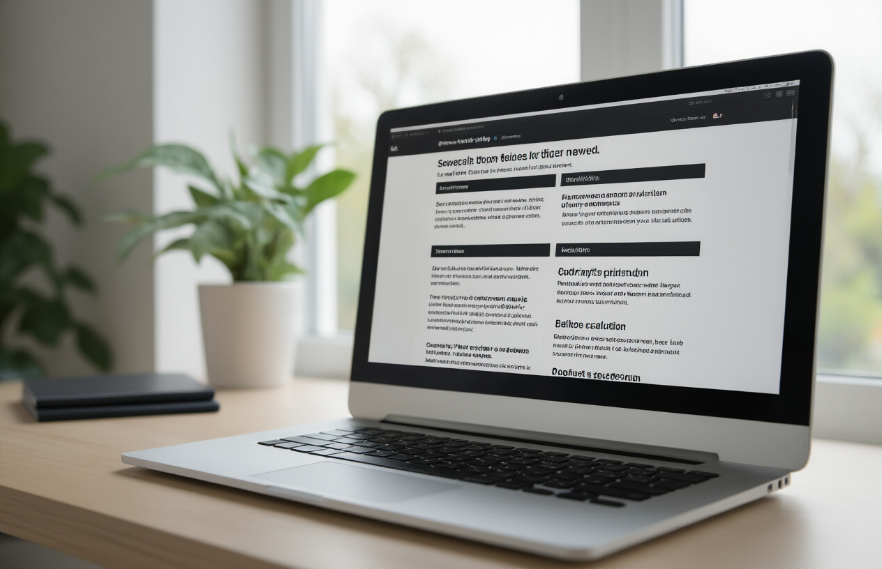 Create a realistic image of a close-up view of a computer screen displaying a blog article layout with multiple hierarchical subheadings of different sizes and styles, featuring clean typography with bold headers, clear formatting structure, and proper spacing between sections, set against a modern minimalist desk workspace with soft natural lighting from a window, creating a professional and organized atmosphere that emphasizes content structure and readability, absolutely NO text should be in the scene.