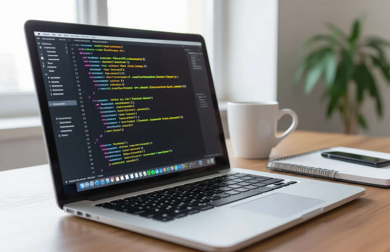 Create a realistic image of a close-up view of a computer screen displaying HTML code with schema markup tags highlighted in bright colors, surrounded by a modern office workspace with a laptop, notebook, and coffee cup on a wooden desk, soft natural lighting from a nearby window, clean and professional atmosphere, Absolutely NO text should be in the scene.