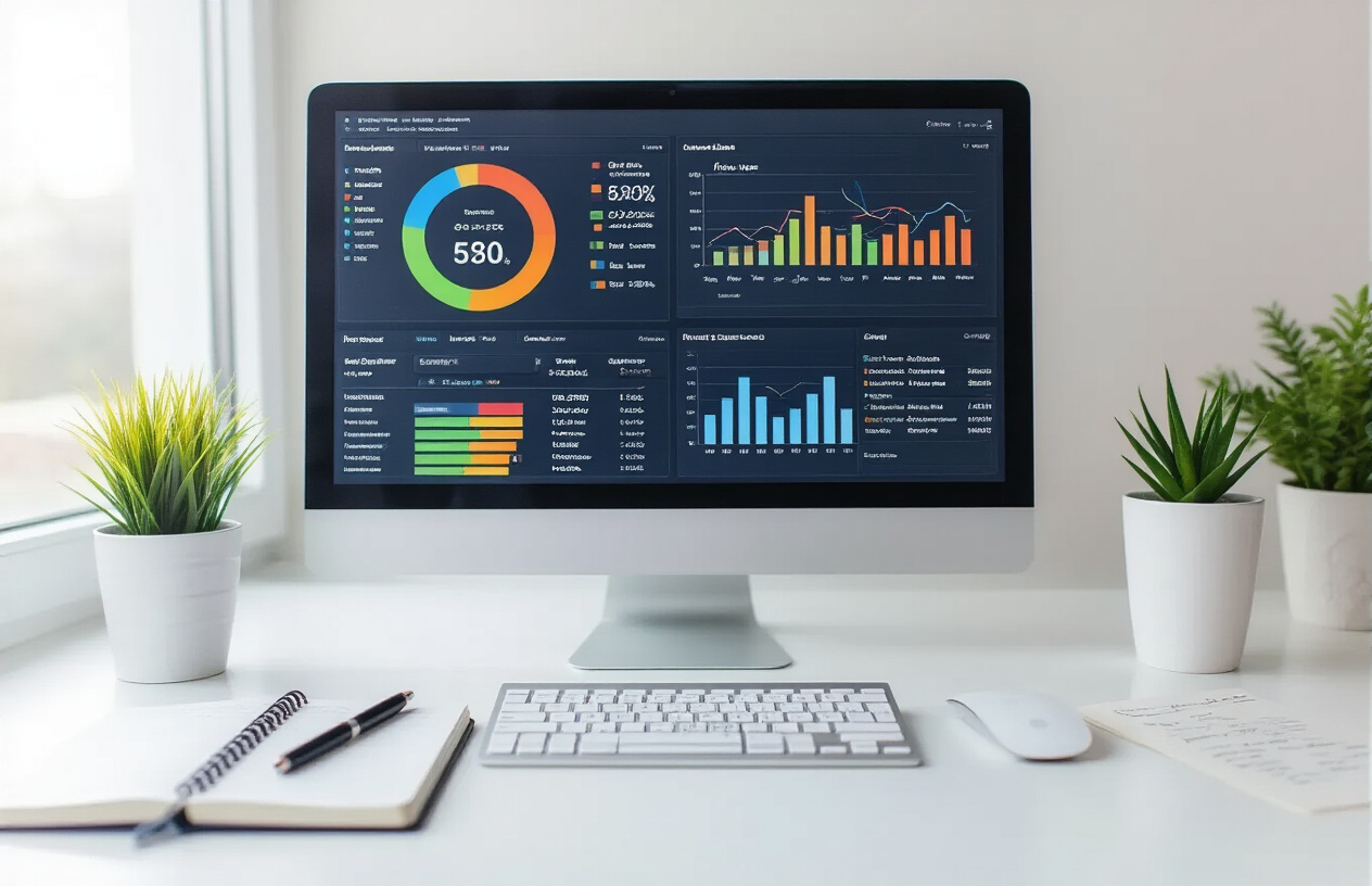 Create a realistic image of a close-up view of a computer screen displaying advanced SEO analytics dashboard with colorful graphs, charts, and optimization metrics, surrounded by a clean modern workspace with a wireless keyboard, computer mouse, and a notebook with handwritten optimization notes, set against a minimalist white desk background with soft natural lighting from a nearby window, conveying a professional and focused atmosphere of digital marketing expertise, absolutely NO text should be in the scene.