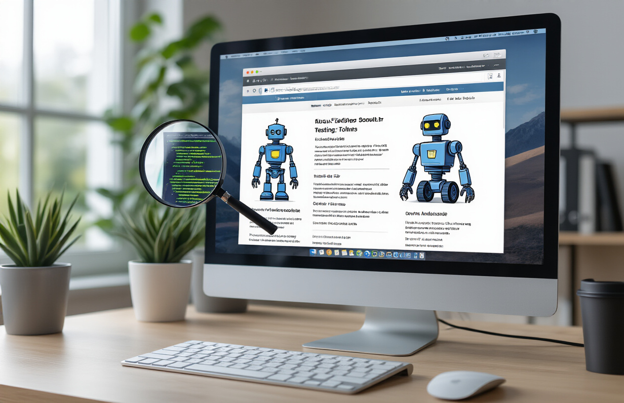 Create a realistic image of a close-up view of a computer monitor displaying a web browser with multiple tabs open showing robots.txt testing tools and validation interfaces, with a magnifying glass positioned over the screen highlighting code syntax, surrounded by a clean modern office desk setup with a keyboard and mouse, in bright natural lighting from a window, conveying a professional testing and analysis atmosphere, absolutely NO text should be in the scene.
