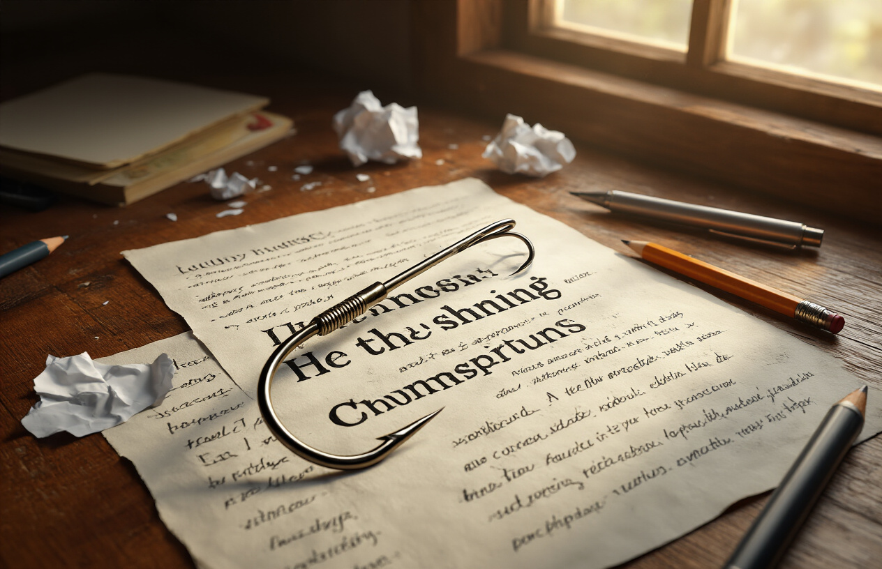 Create a realistic image of a close-up view of a fishing hook with a compelling headline written on paper caught on the hook, surrounded by scattered writing materials like pens, pencils, and crumpled papers on a wooden desk surface, with warm natural lighting from a window, creating a metaphorical representation of hooking readers with compelling headlines, absolutely NO text should be in the scene.