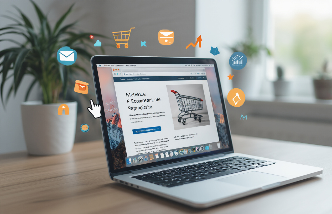 Create a realistic image of a close-up view of a modern laptop screen displaying an e-commerce product page with visible meta description snippet in search results, surrounded by floating conversion-related icons like shopping carts, click cursors, and upward trending arrows, with a clean white background and soft professional lighting that emphasizes the screen content, absolutely NO text should be in the scene.