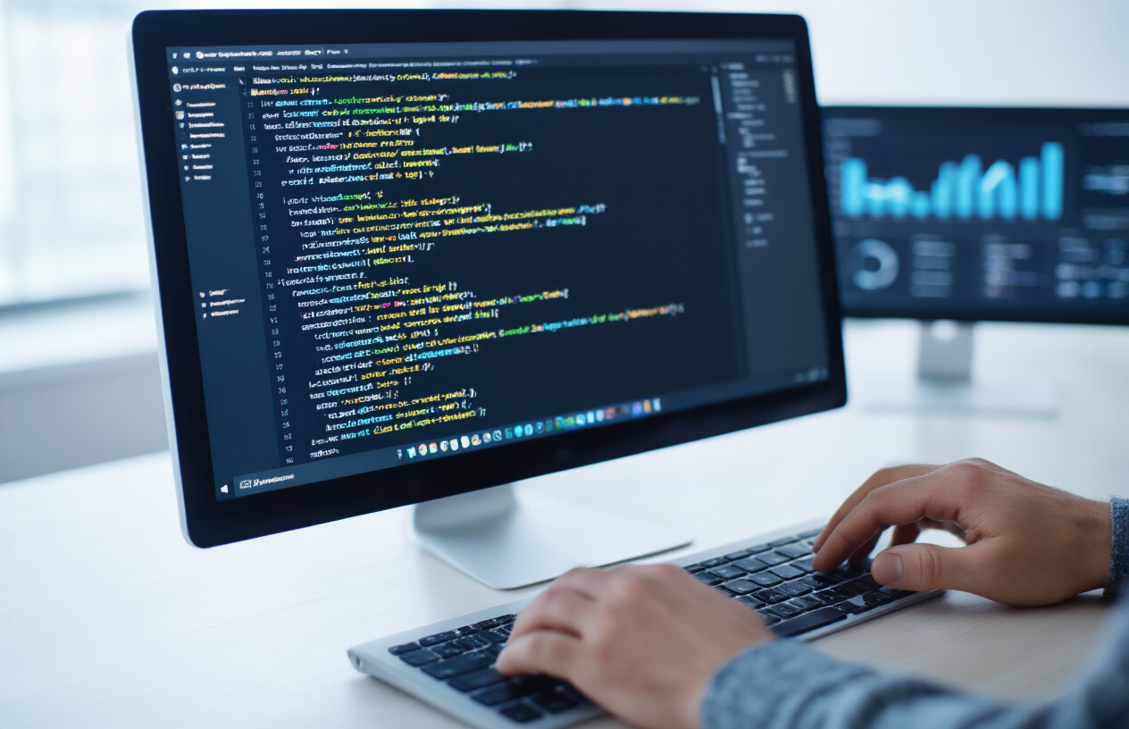 Create a realistic image of a close-up view of computer code on a dark monitor screen showing HTML title tag elements and meta descriptions with proper syntax highlighting, a white male developer's hands typing on a modern keyboard in the foreground, clean modern office desk setup with a second monitor displaying SEO analytics graphs and ranking charts in the background, professional workspace lighting with soft blue glow from screens, focused concentrated atmosphere suggesting technical implementation work, absolutely NO text should be in the scene.