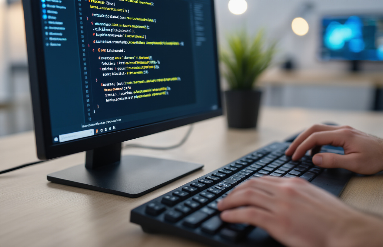 Create a realistic image of a close-up view of computer code on a dark monitor screen showing HTML canonical tag implementation with angle brackets and URL structures, a white male developer's hands typing on a modern black keyboard in the foreground, clean modern office workspace with soft ambient lighting, professional coding environment with subtle blue screen glow, absolutely NO text should be in the scene.