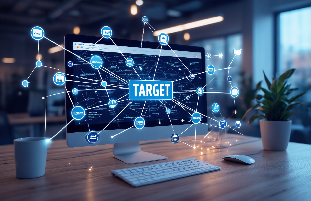 Create a realistic image of a complex network diagram showing interconnected websites with high-authority domains linking to a central target website, featuring glowing connection lines and nodes of varying sizes to represent link authority strength, displayed on a sleek computer monitor in a modern office environment with soft blue lighting, absolutely NO text should be in the scene.