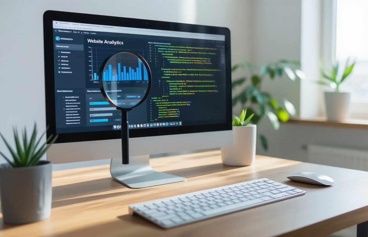 Create a realistic image of a computer monitor displaying website analytics dashboard with duplicate content detection tools, magnifying glass hovering over code snippets showing identical web pages, split screen comparison of similar webpage layouts, clean modern office desk setup with keyboard and mouse, bright natural lighting from window, professional workspace atmosphere, focused analytical mood. Absolutely NO text should be in the scene.