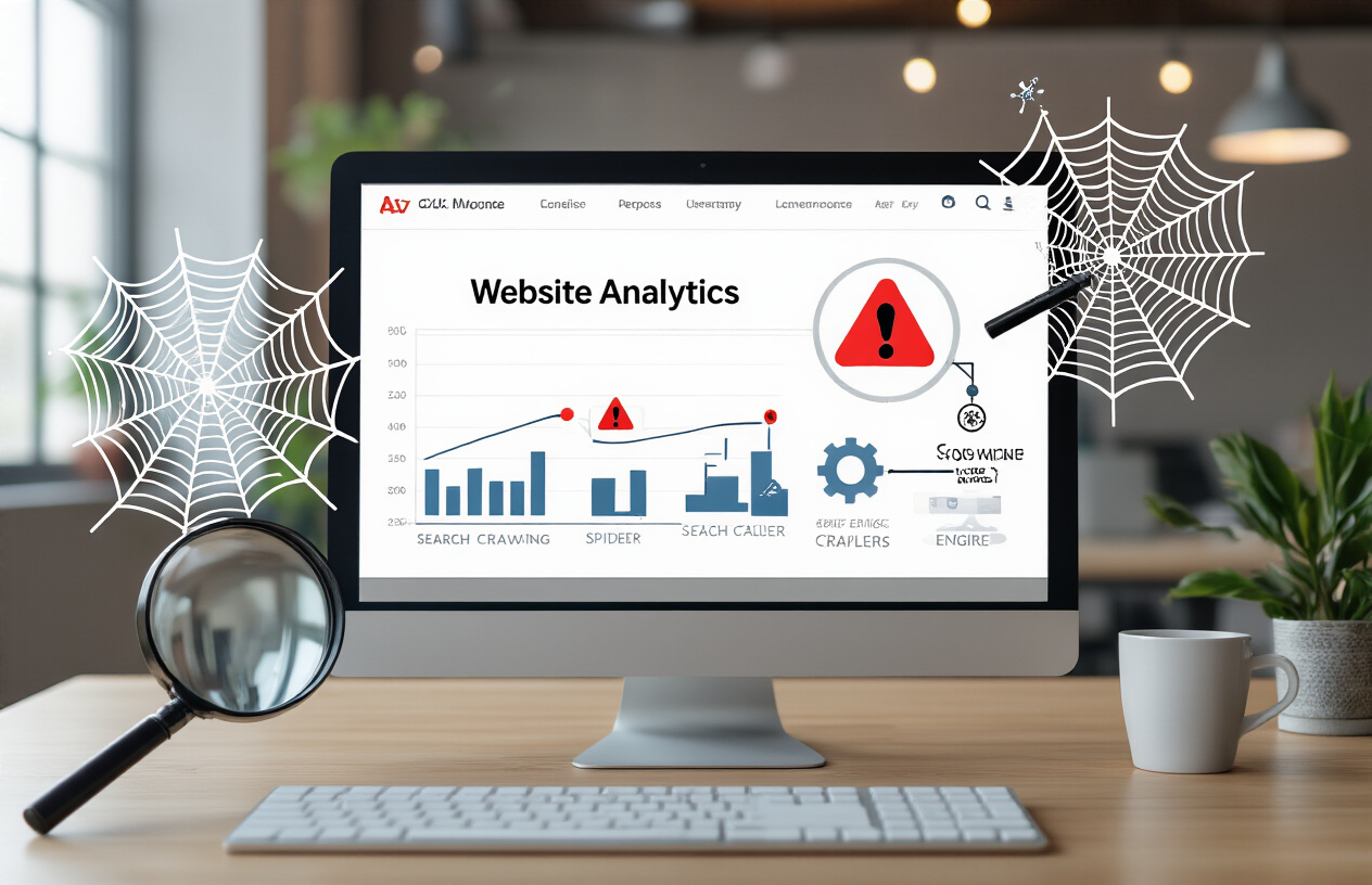 Create a realistic image of a computer monitor displaying a website analytics dashboard with red error indicators and warning symbols, surrounded by magnifying glasses examining web crawling patterns, spider web illustrations representing search engine crawlers, and a flowchart showing the connection between websites and search engines, set in a modern office environment with soft ambient lighting, absolutely NO text should be in the scene.