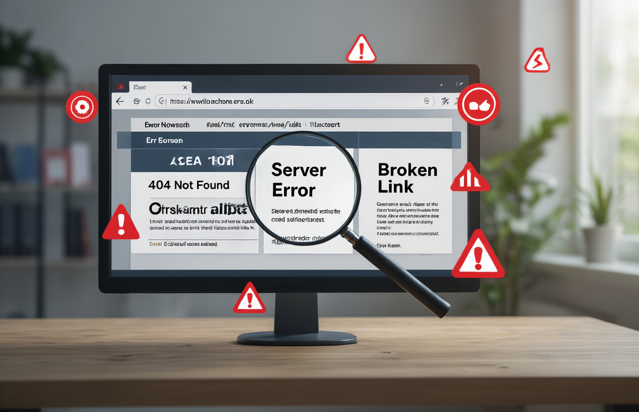 Create a realistic image of a computer monitor displaying a web browser with multiple error pages showing 404 not found, server error, and broken link symbols, surrounded by red warning icons and error indicators scattered across the screen, with a magnifying glass hovering over the display highlighting specific crawl errors, set against a clean modern office desk environment with soft natural lighting from a nearby window, absolutely NO text should be in the scene.