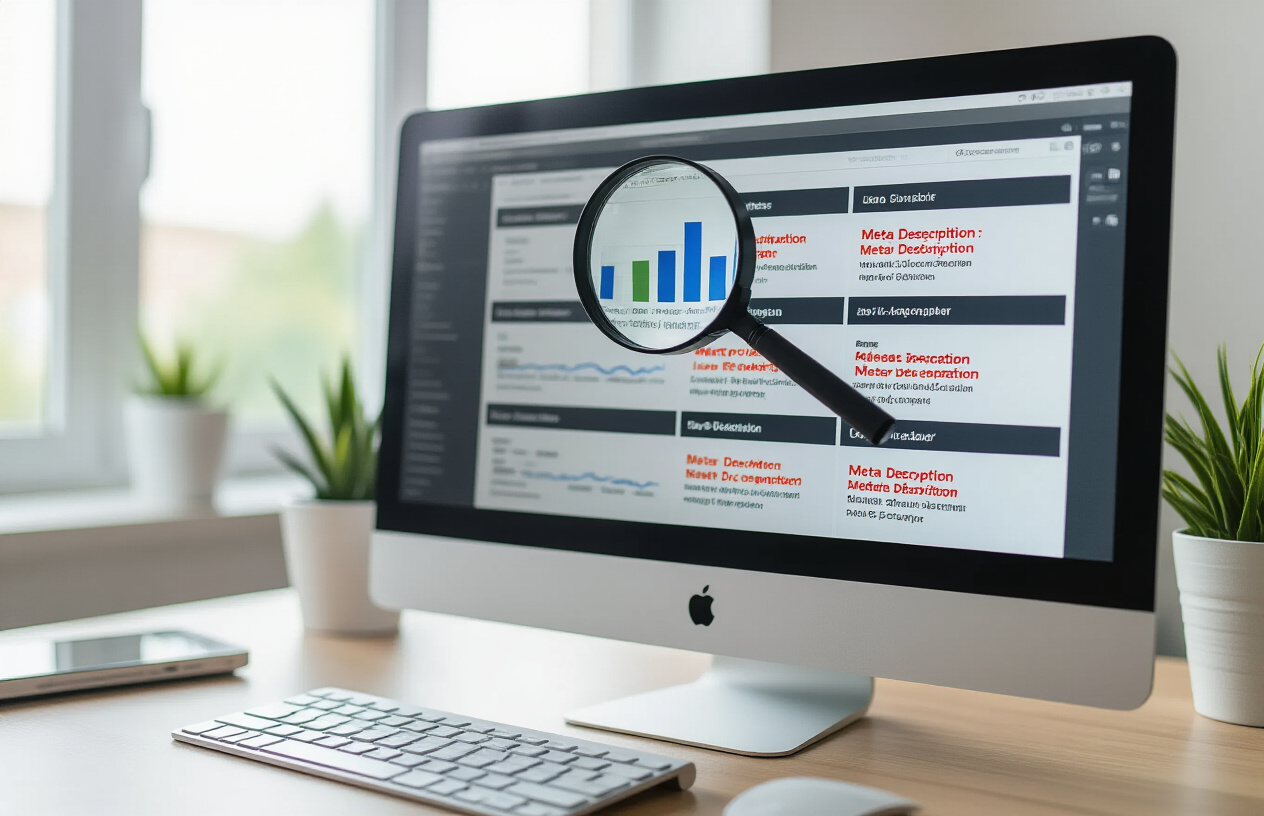 Create a realistic image of a computer monitor displaying a website analytics dashboard with multiple webpage thumbnails showing identical meta description snippets highlighted in red, a magnifying glass hovering over the duplicated content, organized spreadsheet columns visible in the background showing URL listings, clean modern office environment with soft natural lighting, professional workspace setting with a keyboard and mouse visible, focus on the screen showing the duplicate detection process. Absolutely NO text should be in the scene.