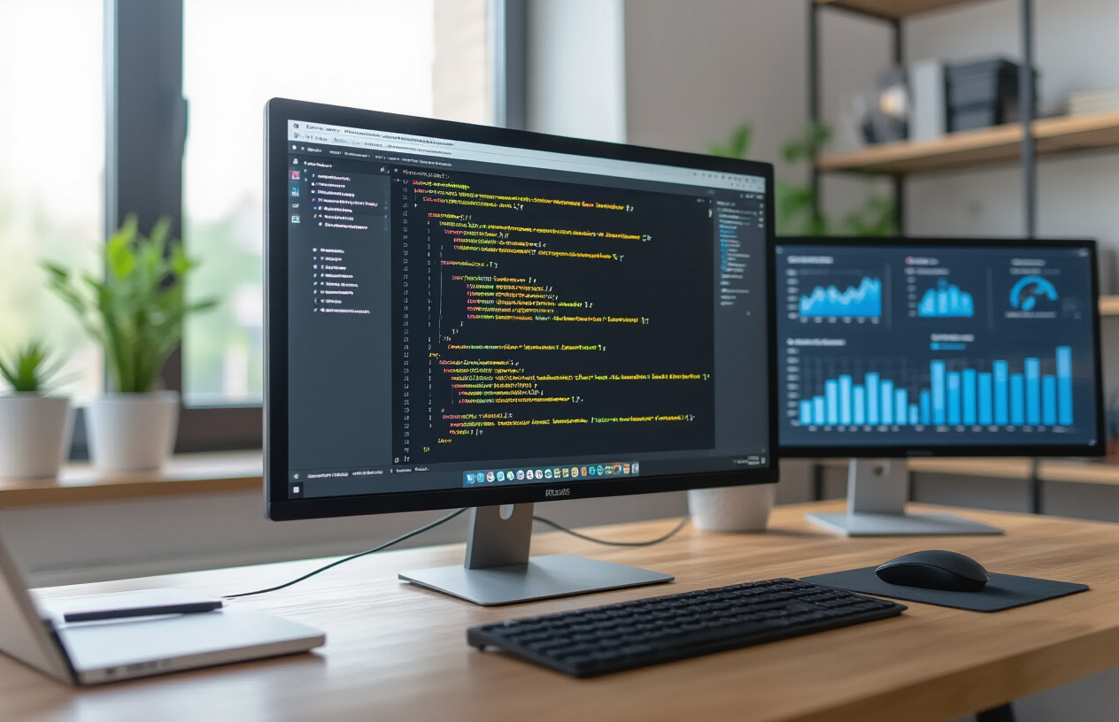 Create a realistic image of a computer monitor displaying a website's source code with HTML canonical URL tags highlighted in a bright color, surrounded by SEO analytics charts and graphs showing website traffic improvements, with a clean modern office desk setup including a keyboard, mouse, and notebook with SEO diagrams, soft natural lighting from a window, professional atmosphere, Absolutely NO text should be in the scene.