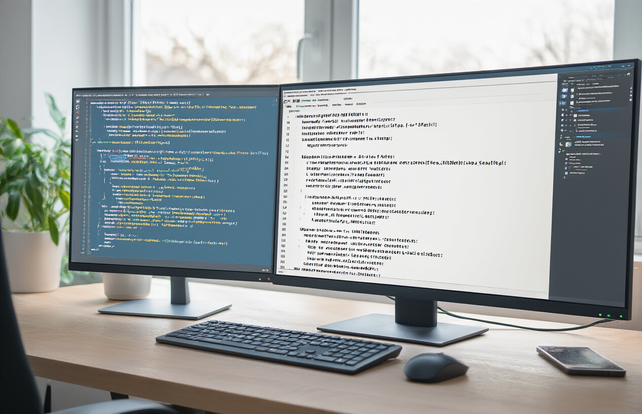 Create a realistic image of a computer screen displaying multiple XML sitemap code examples and templates in a code editor interface, with organized file folders visible in the sidebar showing different sitemap variations, clean modern workspace setup with a keyboard and mouse visible, soft natural lighting from a window, professional development environment atmosphere, absolutely NO text should be in the scene.