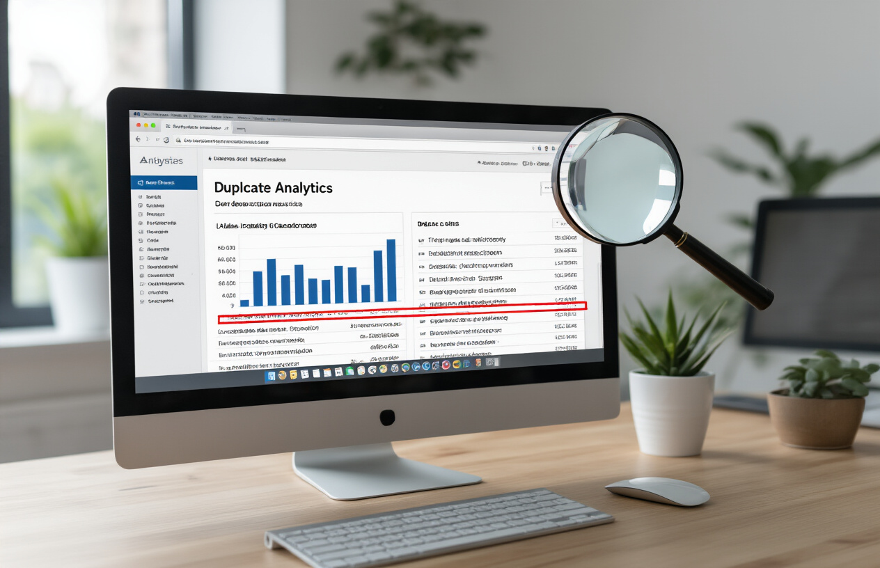 Create a realistic image of a computer screen displaying a website analytics dashboard with duplicate content warnings highlighted in red, showing multiple identical meta description entries in a list format, with a magnifying glass hovering over the screen emphasizing the search and analysis aspect, set against a clean modern office desk with soft natural lighting from a window, creating a professional SEO analysis atmosphere, absolutely NO text should be in the scene.