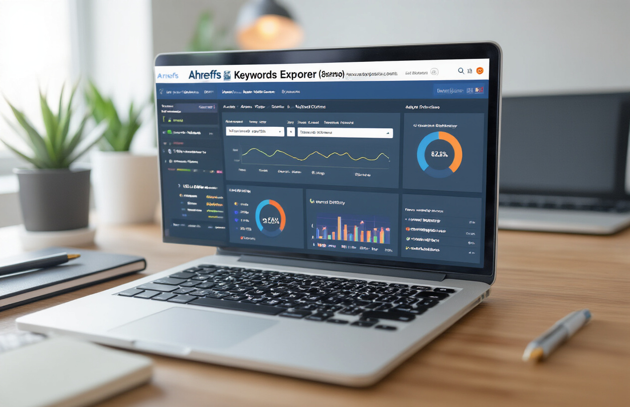 Create a realistic image of a computer screen displaying the Ahrefs Keywords Explorer interface with visible dashboard elements including search bars, data tables showing keyword metrics, colorful charts and graphs, keyword difficulty scores, and search volume statistics, with a clean modern office desk setup featuring a laptop, notebook, and pen in the background, professional lighting creating a focused work environment atmosphere, absolutely NO text should be in the scene.