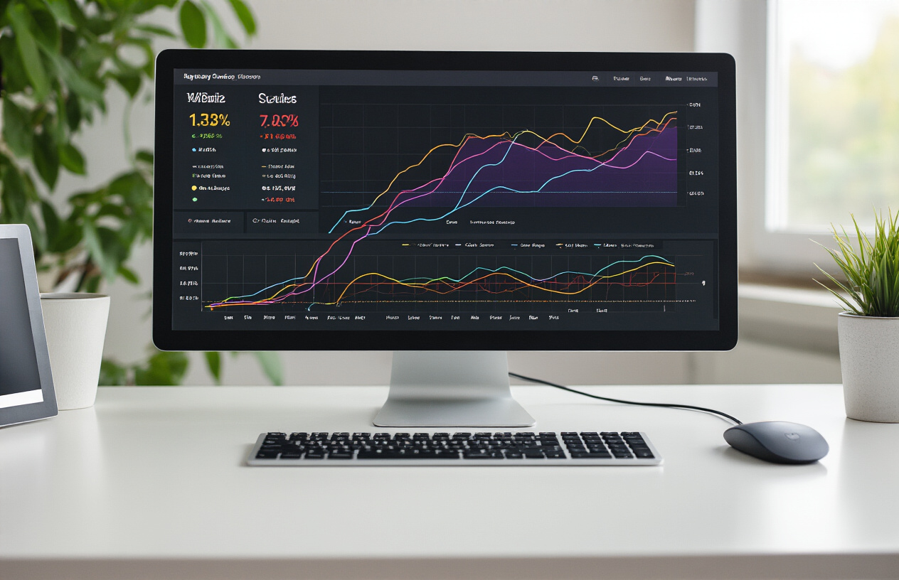 Create a realistic image of a computer screen displaying analytics dashboard with multiple colored line graphs trending upward and downward over time, showing keyword ranking positions, with a keyboard and mouse visible on a clean white desk, soft natural lighting from a window, professional office environment, absolutely NO text should be in the scene.