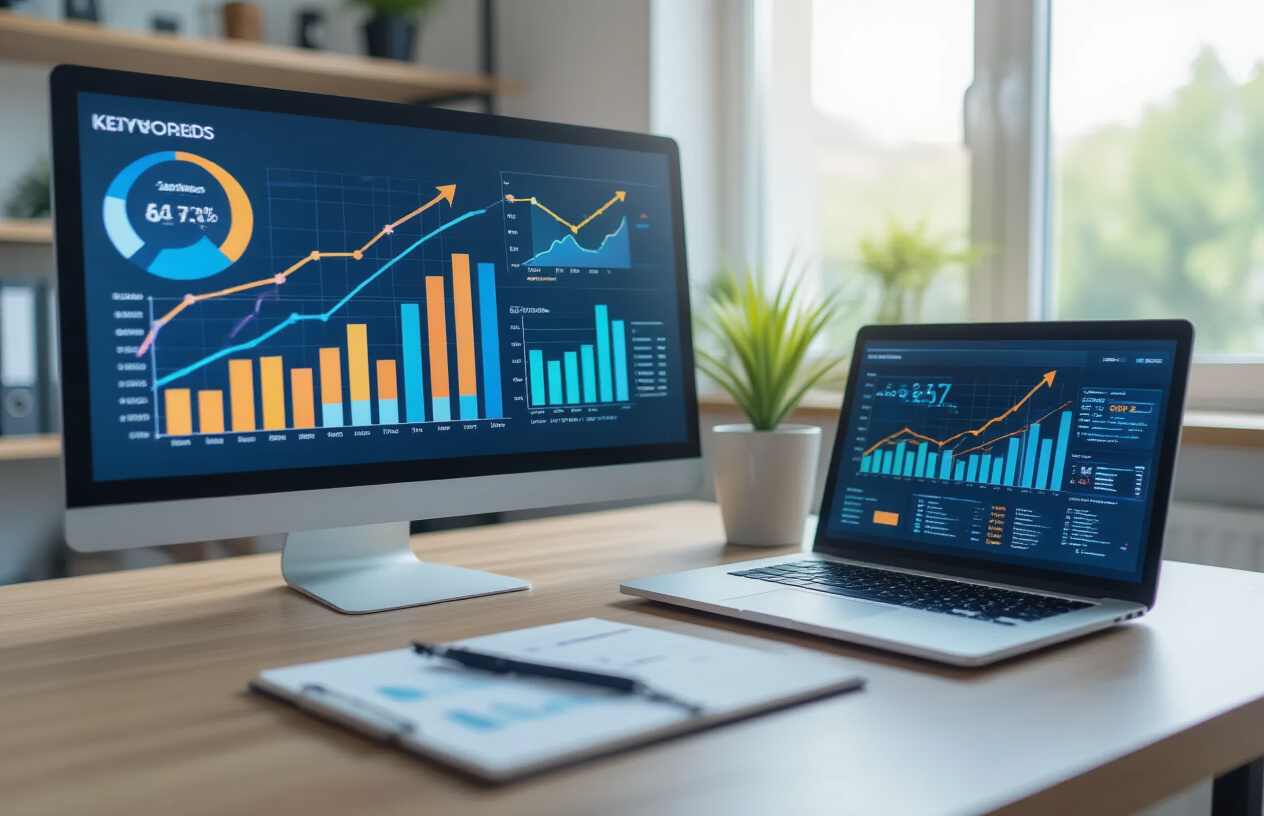 Create a realistic image of a computer screen displaying colorful charts and graphs showing keyword search volumes and traffic data, with upward trending arrows and analytics metrics visible on the dashboard, surrounded by a clean modern office environment with soft natural lighting from a window, featuring a sleek laptop on a minimalist desk with a notebook and pen nearby, conveying a professional SEO workspace atmosphere with blues and greens dominating the color scheme to represent growth and success, absolutely NO text should be in the scene.