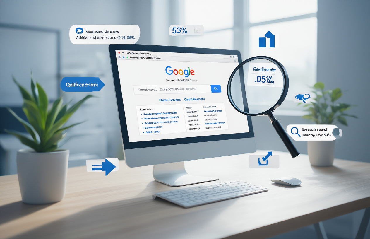Create a realistic image of a computer screen displaying Google Keyword Planner interface with a magnifying glass hovering over long-tail keyword search results, surrounded by floating arrow icons pointing towards specific keyword phrases, set against a modern office desk with soft natural lighting from a window, showing increased search volume metrics and qualification indicators, with a clean minimalist background in muted blue and white tones, absolutely NO text should be in the scene.