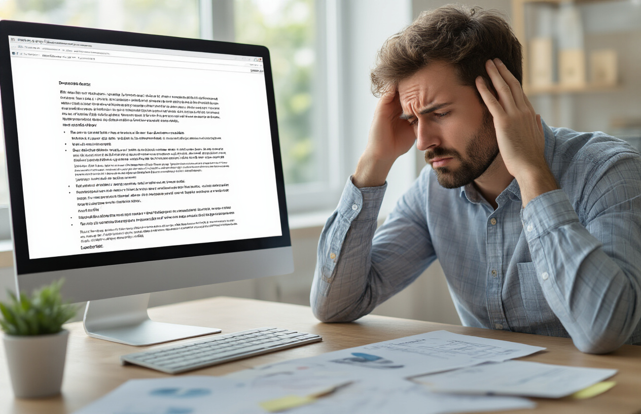 Create a realistic image of a computer screen displaying a document with poorly formatted text showing inconsistent heading sizes, misaligned paragraphs, and chaotic typography, with a frustrated white male professional sitting at a modern office desk holding his head in his hands, surrounded by scattered papers and notes, with soft natural lighting from a window creating a clean office environment, absolutely NO text should be in the scene.