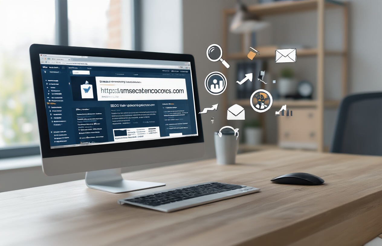 Create a realistic image of a computer screen displaying a web browser's address bar with a clean, well-structured URL visible, surrounded by subtle SEO optimization icons like magnifying glasses and upward trending arrows floating around the screen, with a modern office desk setup including a keyboard and mouse, soft natural lighting from a window, and a professional atmosphere that conveys digital marketing success, absolutely NO text should be in the scene.