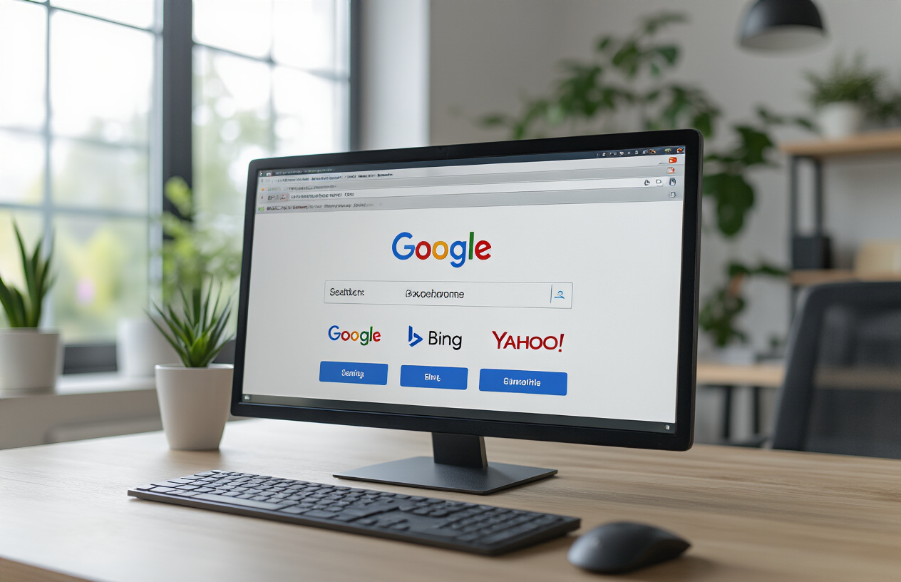 Create a realistic image of a computer screen displaying a search engine console interface with XML sitemap submission fields and buttons, showing multiple search engine logos (Google, Bing, Yahoo) in the background, clean modern office environment with soft natural lighting from a window, professional workspace setting with a keyboard and mouse visible, absolutely NO text should be in the scene.