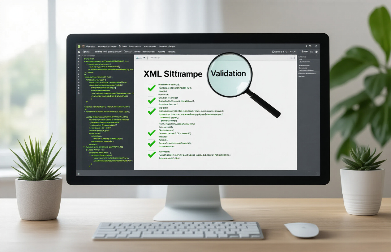 Create a realistic image of a computer screen displaying XML sitemap validation results with green checkmarks and error indicators, a magnifying glass hovering over code snippets, testing tools interface visible on the monitor, clean modern office desk setup with keyboard and mouse, soft natural lighting from a window, professional workspace atmosphere, focus on the validation process and quality assurance elements, absolutely NO text should be in the scene.