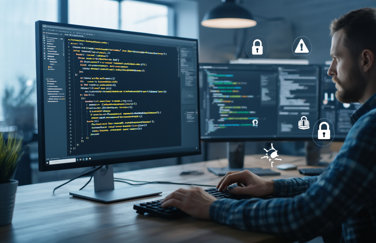 Create a realistic image of a computer screen displaying a robots.txt file with code syntax highlighting, surrounded by warning icons and lock symbols representing access permission issues, with a frustrated white male web developer sitting at a modern desk in a dimly lit office environment, his hands on keyboard troubleshooting website crawl problems, with additional computer monitors showing error messages and website analytics dashboards in the background, absolutely NO text should be in the scene.