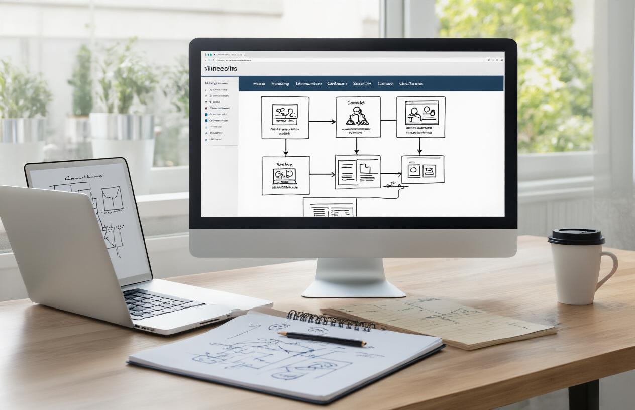 Create a realistic image of a computer screen displaying a website wireframe or flowchart showing interconnected web pages with arrows linking between them, representing internal linking structure, with a modern office desk setup including a laptop, notepad with sketched diagrams, and a coffee cup, in a clean professional workspace with soft natural lighting from a window, emphasizing the technical and strategic aspects of SEO website optimization, absolutely NO text should be in the scene.