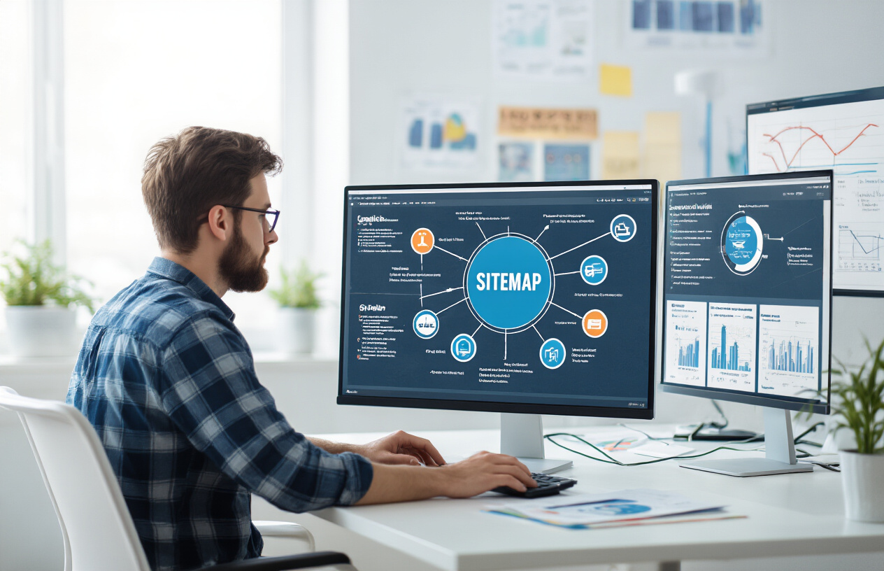 Create a realistic image of a computer screen displaying a website sitemap with interconnected nodes and arrows showing internal linking structure, with a white male web developer sitting at a modern desk analyzing the site architecture, surrounded by SEO analytics charts and diagrams on additional monitors, in a bright professional office environment with clean lighting, showing the strategic flow of internal links between web pages represented as connected circles and pathways, absolutely NO text should be in the scene.
