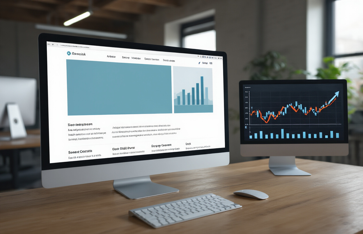 Create a realistic image of a computer screen displaying a website with visibly sparse content and large empty spaces, while search engine ranking graphs with downward trending arrows are visible on a secondary monitor, set in a modern office environment with clean lighting, showing the concept of thin content's negative impact on SEO performance, absolutely NO text should be in the scene.