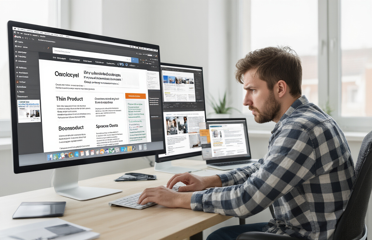Create a realistic image of a computer screen displaying a website with various examples of poor quality content including duplicate pages, thin product descriptions, and sparse blog posts, with a frustrated white male web developer sitting at a modern desk looking concerned while reviewing the content quality issues, set in a clean office environment with soft natural lighting from a window, showing multiple browser tabs open with different problematic web pages, absolutely NO text should be in the scene.