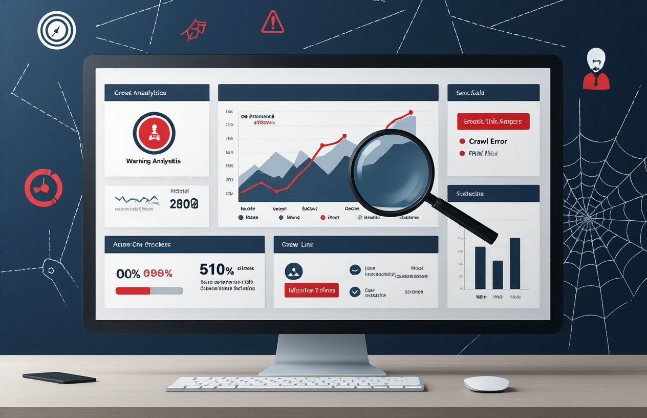 Create a realistic image of a computer screen displaying website analytics dashboard with red warning indicators, error symbols, and broken link icons scattered across various sections, a magnifying glass hovering over crawl error reports, spider web patterns in the background representing web crawlers, dark blue and gray color scheme with red accent highlights indicating problems, professional office desk setup with keyboard and mouse visible, clean modern workspace lighting, absolutely NO text should be in the scene.