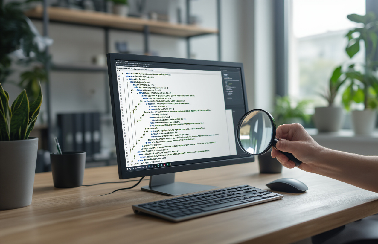 Create a realistic image of a computer screen displaying XML sitemap code structure with hierarchical tree-like organization, showing nested XML tags and elements in a clean code editor interface, complemented by a magnifying glass hovering over specific XML elements to emphasize examination of structure, set against a modern office desk with a keyboard and mouse, professional lighting creating a focused work environment, absolutely NO text should be in the scene.
