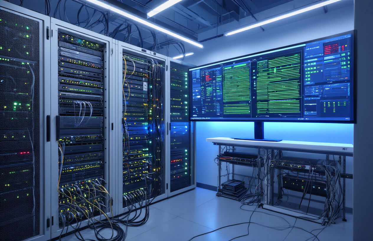 Create a realistic image of a computer server room with multiple server racks displaying blinking LED lights, ethernet cables connecting various network equipment, a large wall-mounted monitor showing network connectivity diagrams with green and red status indicators, cool blue lighting illuminating the technical environment, and a clean modern data center atmosphere with organized cable management systems. Absolutely NO text should be in the scene.