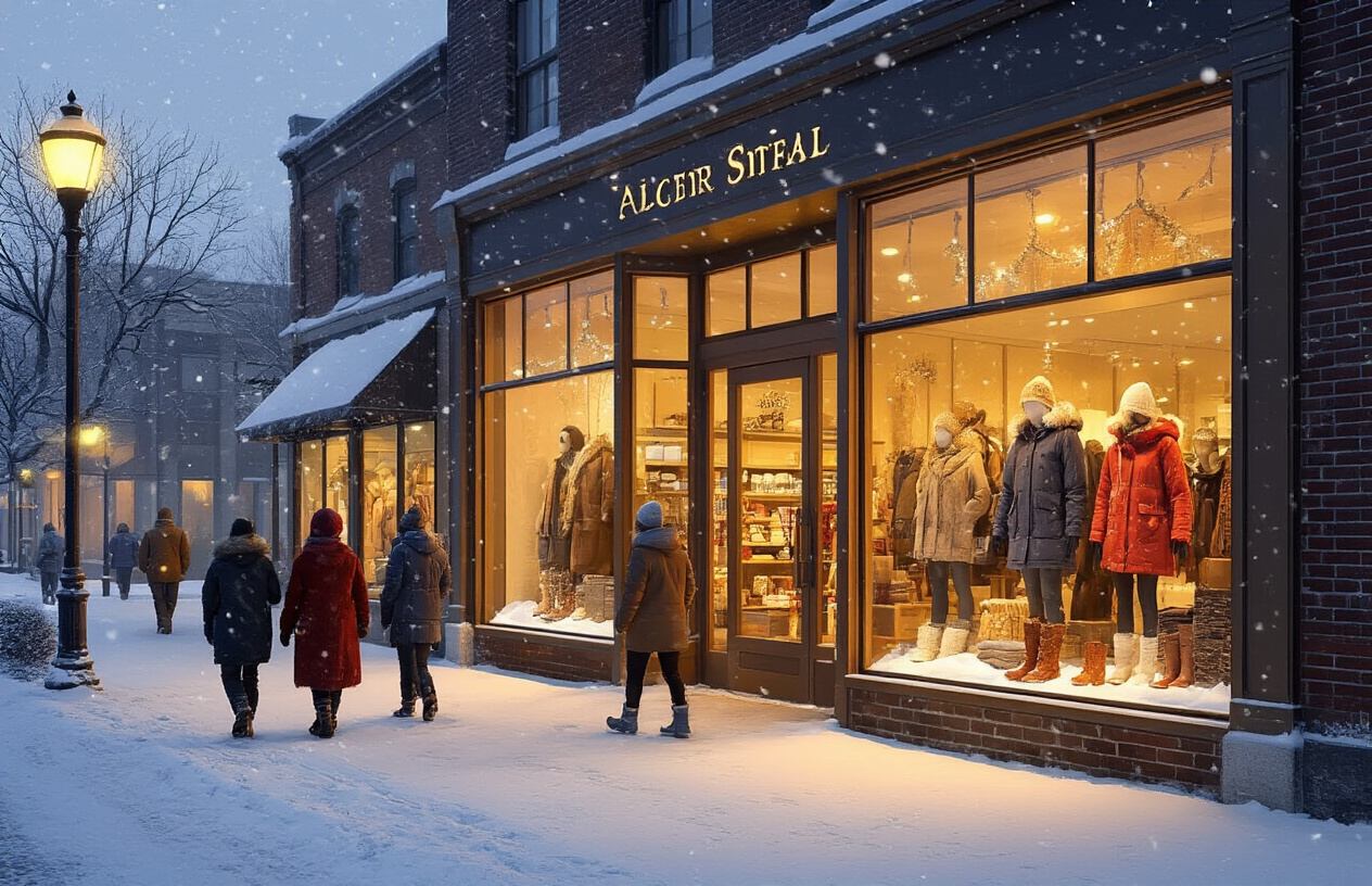 Create a realistic image of a cozy local retail store front with warm golden lighting spilling from large windows onto snowy sidewalks, featuring winter sale displays with seasonal products like coats and boots, a few shoppers of diverse backgrounds bundled in winter clothing walking past or entering the store, snow gently falling under evening streetlights, creating an inviting contrast between the cold outdoor winter scene and the warm, bustling commercial activity inside, absolutely NO text should be in the scene.