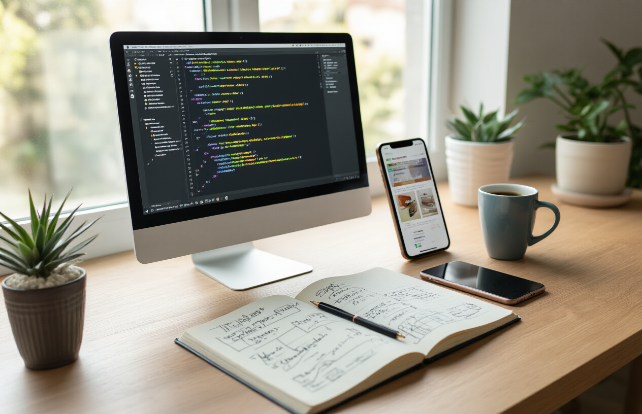 Create a realistic image of a developer's workspace showing a computer screen displaying code editor with JSON schema markup for product data, a notebook with handwritten step-by-step notes and diagrams, a smartphone showing an e-commerce product page, and a coffee cup on a clean modern desk, with soft natural lighting from a window, warm and focused atmosphere for productivity, absolutely NO text should be in the scene.