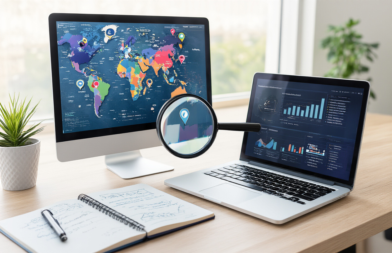 Create a realistic image of a digital marketing workspace showing a computer screen displaying a colorful world map with location pins and magnifying glass icons hovering over different cities, alongside a tablet showing keyword research analytics with location-specific search data, scattered on a modern desk with a notebook containing handwritten location-based keyword strategies, soft natural lighting from a window, clean professional office environment, Absolutely NO text should be in the scene.